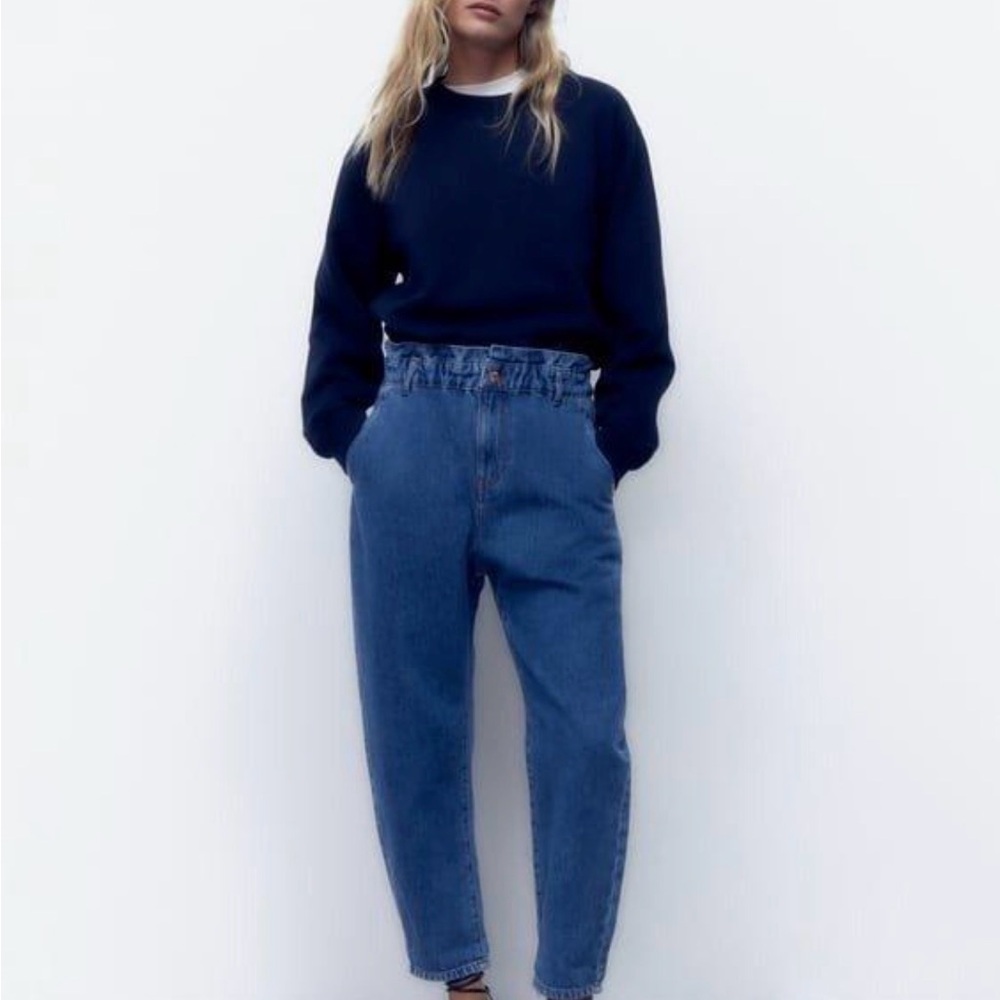 ZARA Blue High Rise Paperbag Baggy Cropped Jeans Size 2